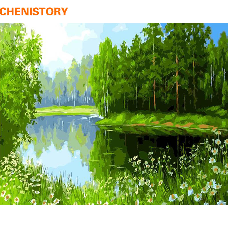 

CHENISTORY Frameless Picture DIY Painting By Numbers Green Lake Landscape Modern Wall Art Picture Handpainted On Canvas For Gift