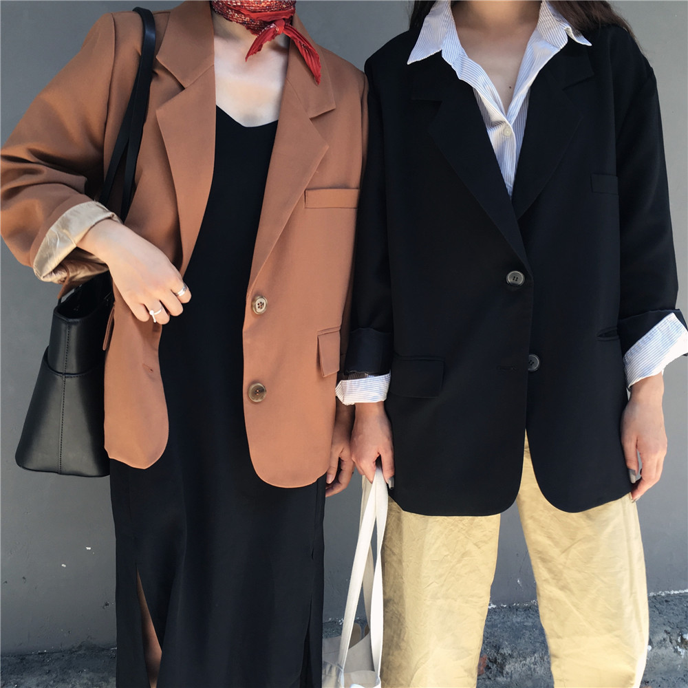 

Women autumn Notched Solid Jackets Female Pocket Straight Long Sleeve Blazer Feminino Chaqueta Mujer Outwear Coat, Black