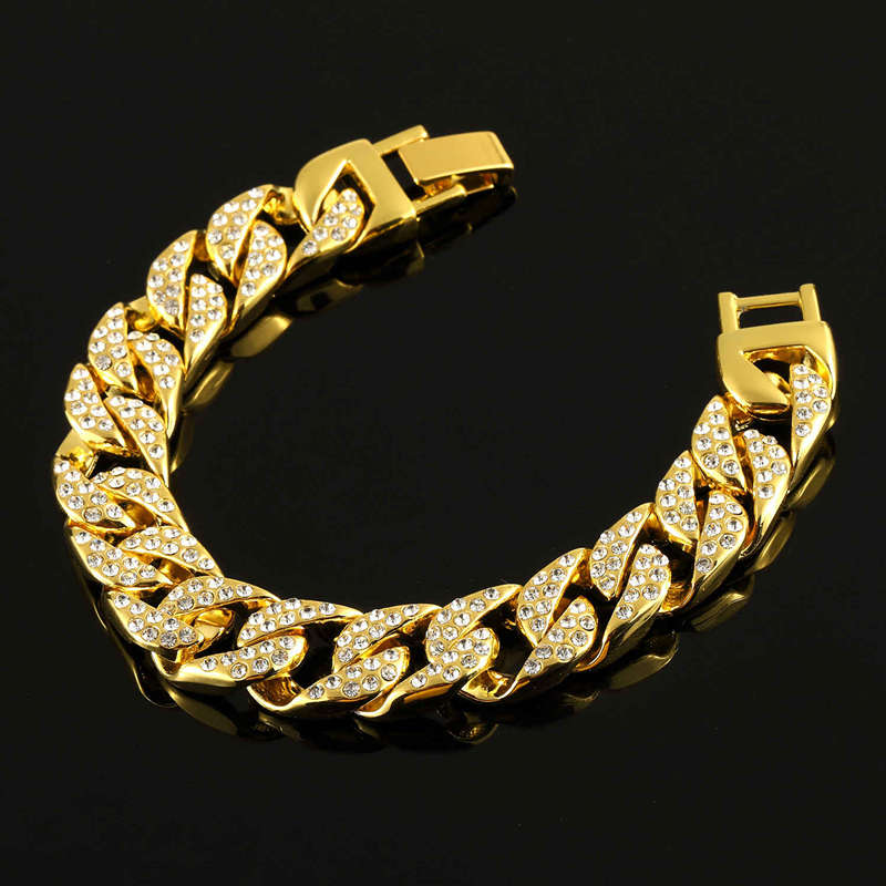 

High quality Strip Cuban Chain Miami Hip-Hop Bracelet 18K gold Diamond Hip hop for Men Jewelry rock Bracelet gift