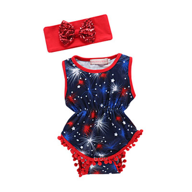

Baby Girl Printing Rompers Girl Sleeveless Round Neck Rompers American Flag Independence National Day USA 4th July With Headband, #1