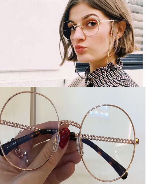 

2186 Gold Round Sunglasses Eyewear chain necklace Sun Glasses Clear Lens Women Sunglasses New with box
