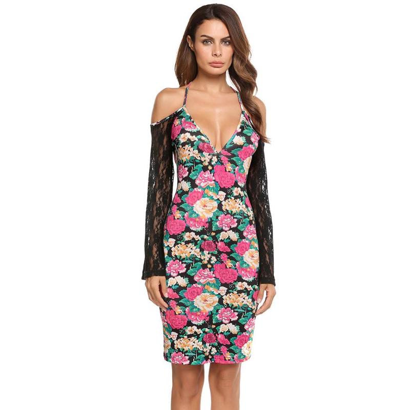 

Women Sexy Backless Dress Party ClubwearLace Flare Sleeve Patchwork Halter Neck Bodycon Pencil Summer Dress, Or