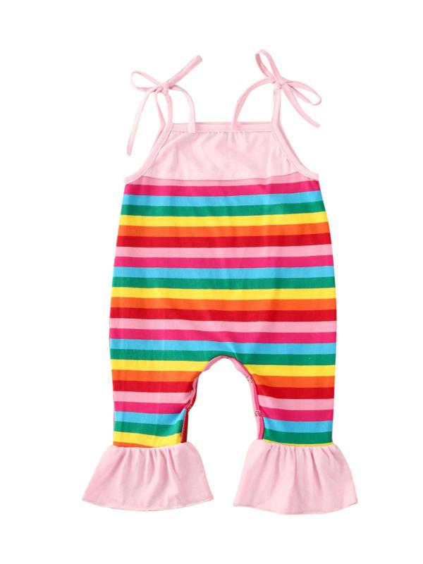 

Newborn Infant Baby Girl Rainbow Stripe Romper Jumpsuit Ruffle Button Closure Jumpsuit Romper Kid Clothes 0-24 Months, As pic