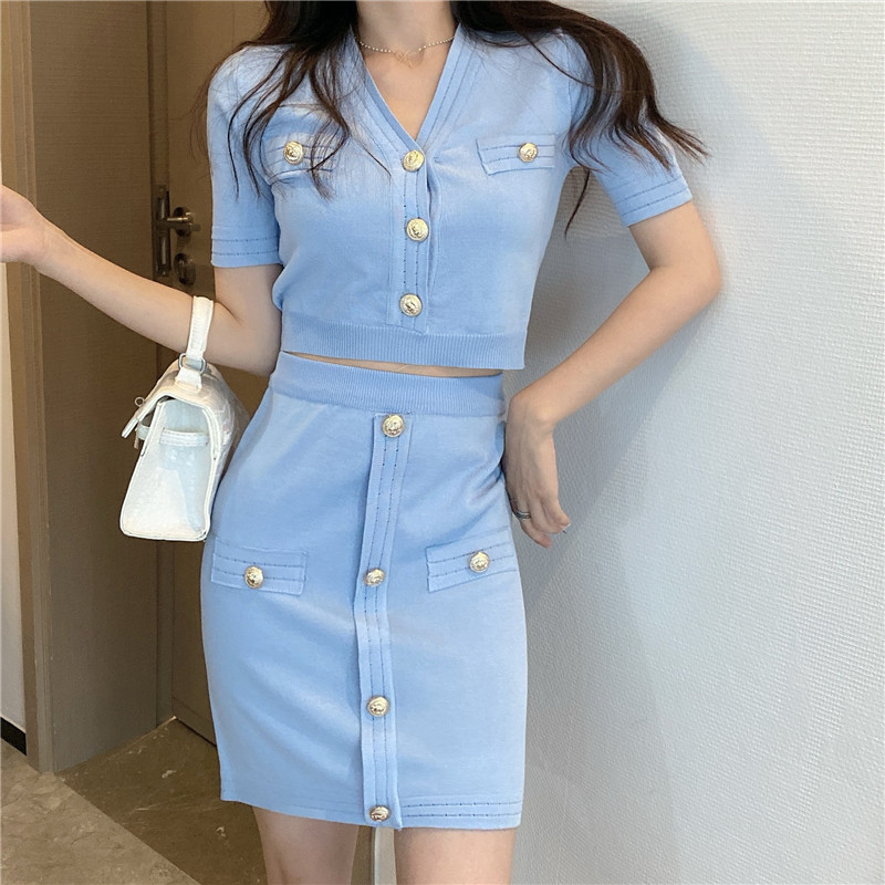 

2020 New Knitted V-neck Cardigan Short Jumper High Waist Slim Skirt two peice Sets Women Summer ButtonTrim Fashion 2pcs Suit, White