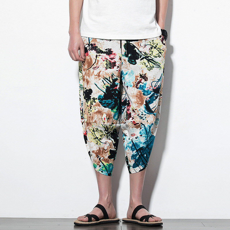 

Men's Bloomers Summer Retro Printed Cropped Pants Japanese Loose Large Size Wide Leg Pants Joggers Men Casual Harem -5XL, Army green