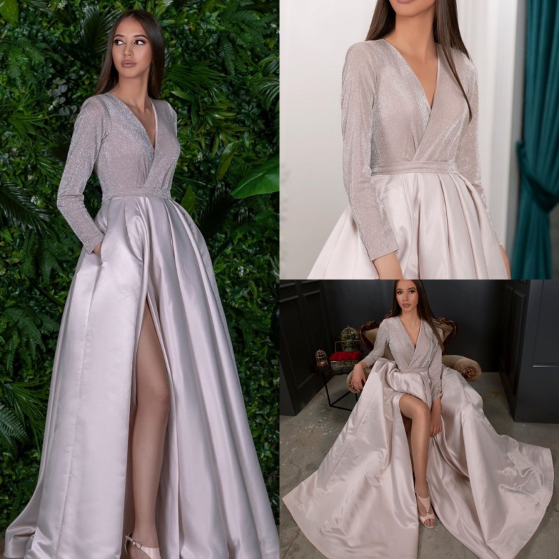 

2019 Elegant Evening Dresses A Line V Neck Long Sleeve Sexy Side Split Prom Dress Party Wear Satin Formal Occasion Gowns, Ivory