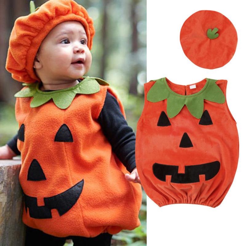 

0-3Years Newly Cosplay Halloween Toddler Baby Kid Pumpkin Print Sleeveless Romper Jumpsuits Tops+Hats Clothes 2PCS Costumes, Orange