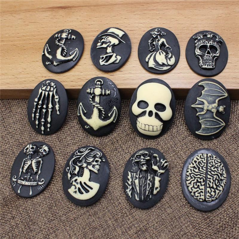 

10pcs FlatBack Resin Pattern Terror Skull Flower Animal Cameos Cabochons For Base Blank Tray Necklace Making Approx 29x39mm