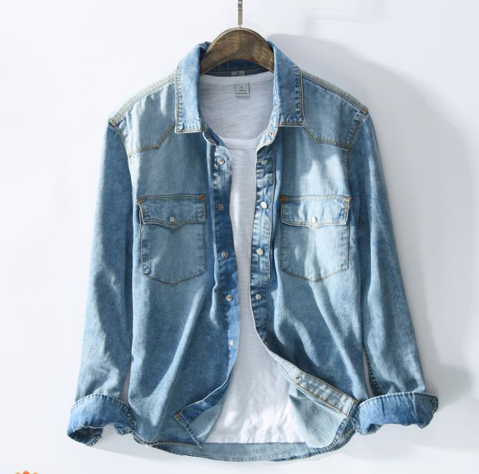 

Men's Denim Shirt Autumn Spring Loose Pure Shirts 3 Colors Men Fashion Cotton Cowboy Long-sleeved Jeans Shirt Mens, Snow color