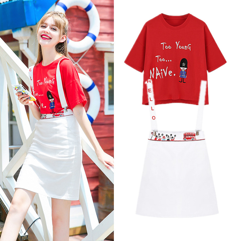 

New summer skirts twinsets women red cartoon embroidery loose tees top And overall black cute preppy Ladies skirts suit NS973