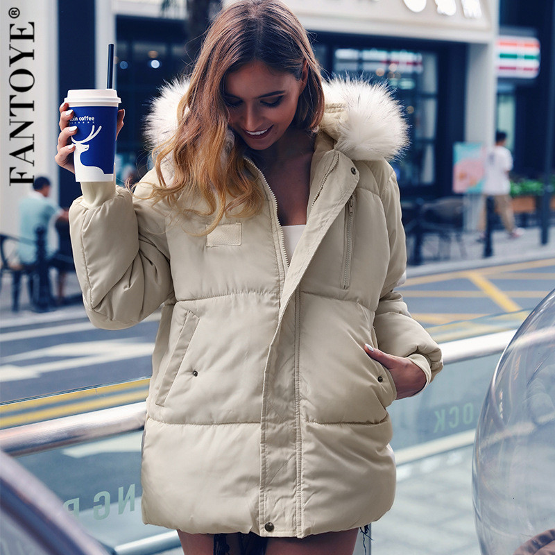 

Fantoye 2019 New Winter Jacket Women' Fashion Solid Outwear Hooded Coats Plus Size Female Cotton Jacket Coat Streetwear Parkas, Beige