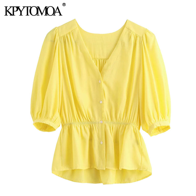 

KPYTOMOA Women 2020 Sweet Fashion Button-up Ruffles Blouses Vintage V Neck Short Sleeve Female Shirts Blusas Chic Tops, As picture