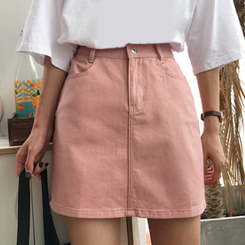 

Summer Pink Denim Skirt Women Vintage High Waist Jean Skirt Slim Pocket Elegant Black Elastic Waist Jeans Skirts