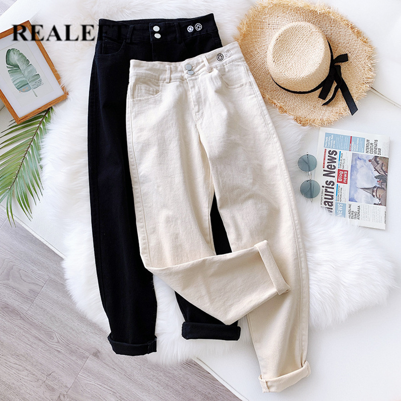 

KINOMI New 2020 Spring Summer Embroidery Casual Women Denim Harem Pants Pocket Button Cowboy Pants High Waist Jeans Female, Black