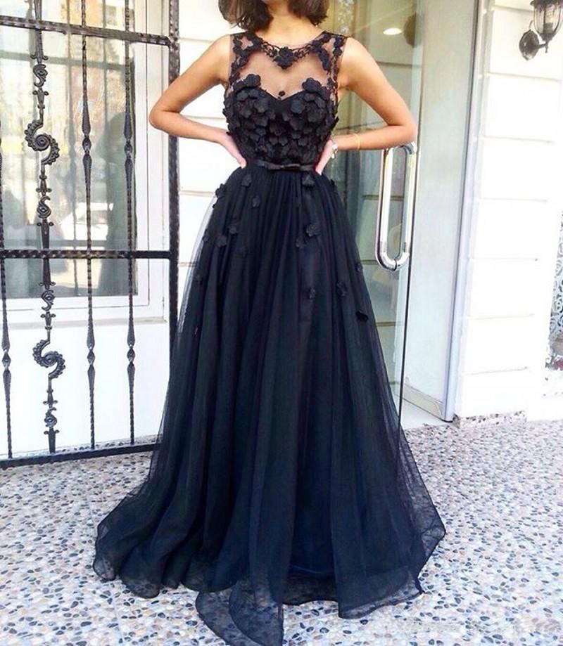 Setwell Jewel Sheer Neck A-ligne robes de soirée manches fleurs parole longueur plissés Tulle Noir Prom Party Robes avec ceinture