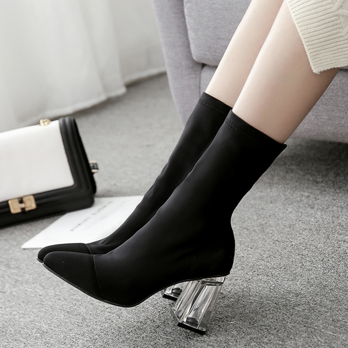 

Hot Sale-Plus size 35 to 40 41 42 black stocking boots elastic cloth pointed toe transparent PVC crystal heel thick high heel ankle boots
