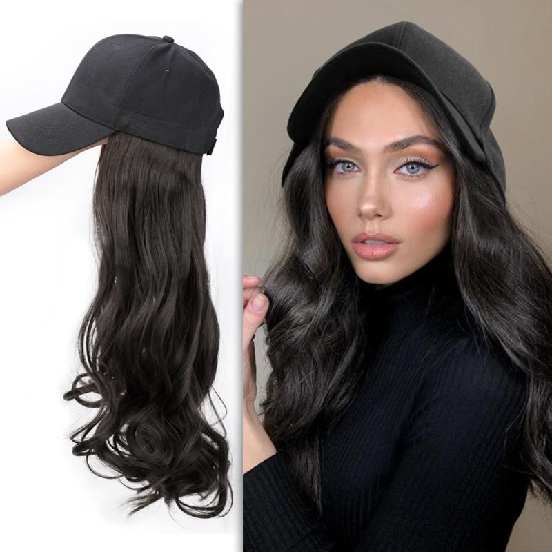 

Long Synthetic Baseball Cap Wig Natural Black Wave Wigs Naturally Connect Synthetic Hat Wig Adjustable For girl party, #1b