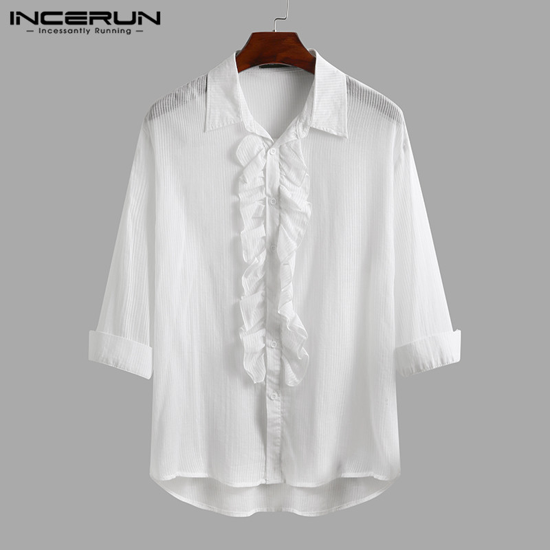 

INCERUN 2020 Fashion Men Dress Shirt Cotton 3/4 Sleeve Lapel Button Elegant Stage Wedding Party Shirts Brand Solid Color Camisa, White