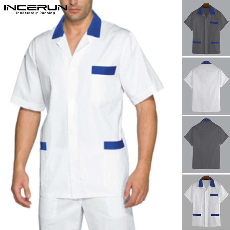 

2020 Men Uniform Short Sleeve Lapel Solid Shirts Man Casual Baggy Patchwork Shirt Summer Breathable Loose Work Clothes Plus Size, White