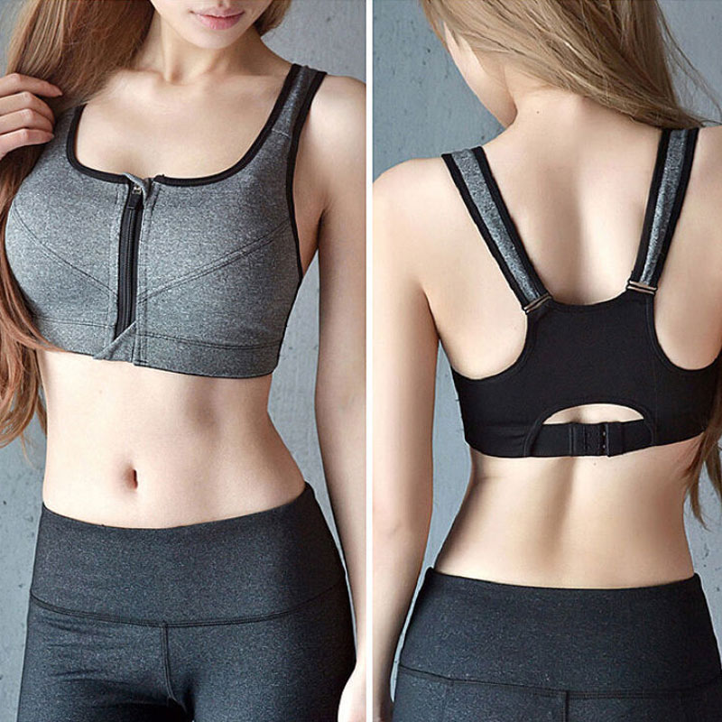

Newly Women Anti-sagging Padded Sports Bra Crop Top Zipper Up Front for Aerobics Fitness Yoga BN99, Black