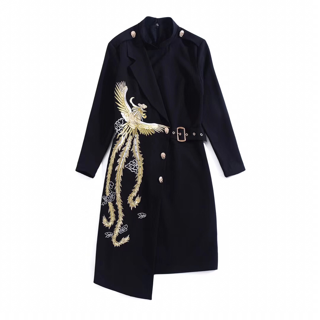 

European and American women's clothing 2019 winter new style Long sleeve lapel Phoenix embroidery fashion irregular dress, Black