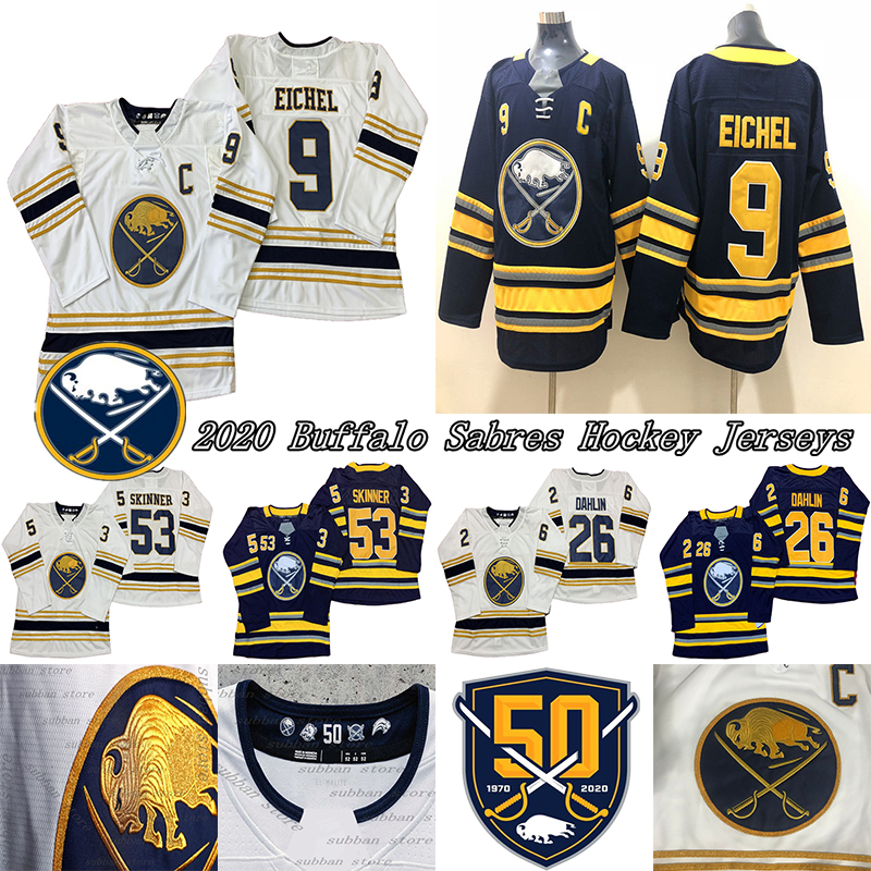 

Buffalo Sabres Jersey 50th Golden 9 Jack Eichel(C) 26 Rasmus Dahlin 53 Jeff Skinner Hockey Jerseys, White
