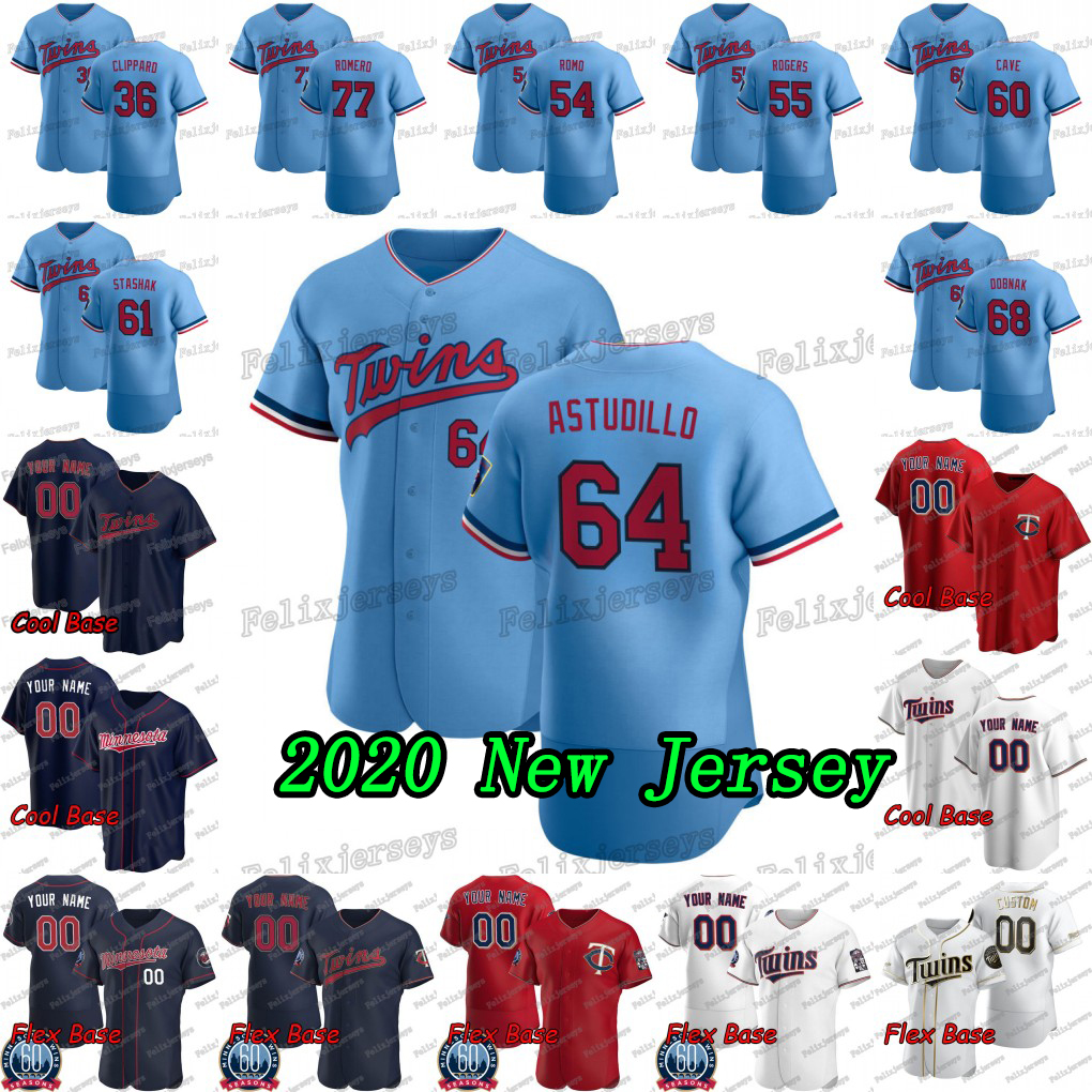 

64 Willians Astudillo 2020 New Trevor May Cody Stashak Jake Cave Taylor Rogers Sergio Romo Zack Littell Rich Hill Tyler Clippard Jersey, Flexbase men blue