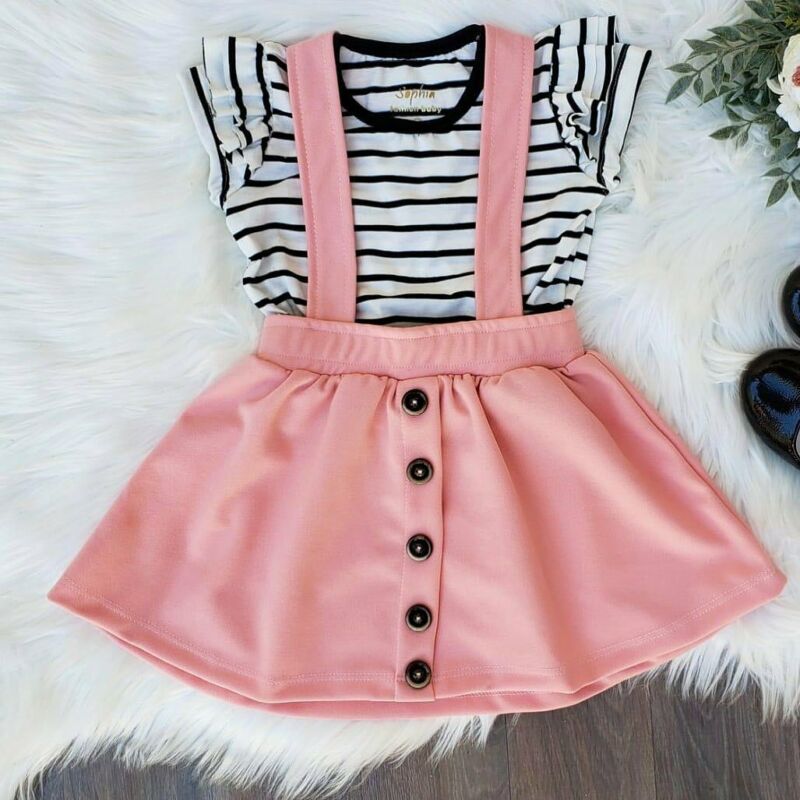 

1-6T Toddler Baby Girl Summer Clothes Striped Top T-Shirt Overall Bib Skirt Mini Dress Outfit, White