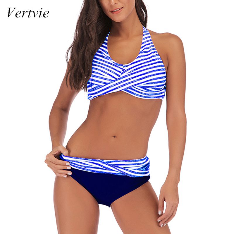 

Vertvie 2020 Summer Women's Fashion Beach Two Pieces Swimwear Striped Bathing Suit Halter Plus Size Triangle Sexy Bikinis