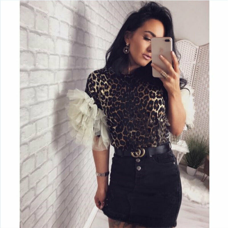 

Women Leopard Print Tulle Ruffles Short Sleeve Mesh Sheer Tee Tops Modern Ladies Crew Neck Party Loose Casual T Shirt Clubwear