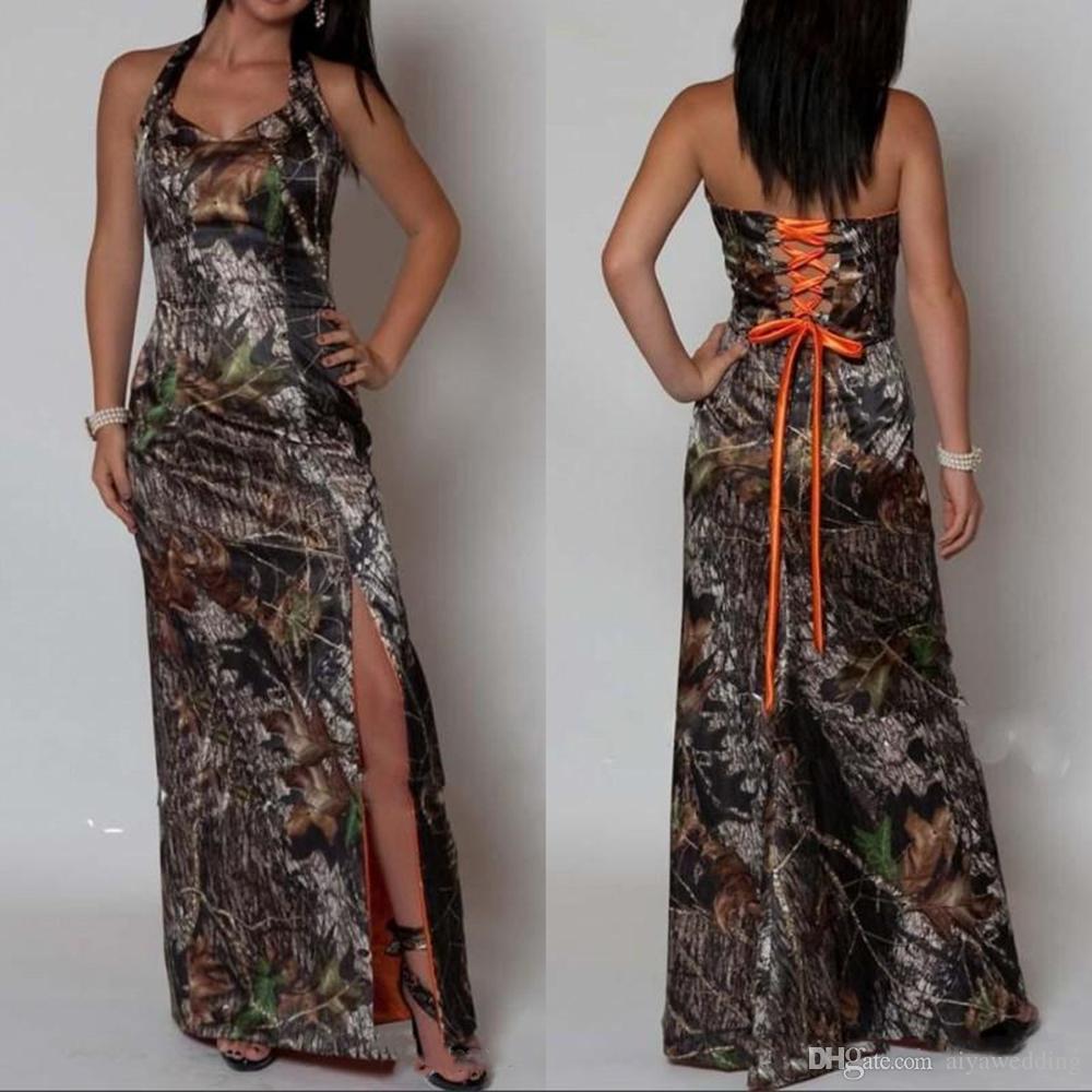 

Sexy Halter Corset Mermaid Slit Camo Evening Party Dresses Camouflage Long Prom Party Gowns Formal Dress with Lace Up, Hunter green