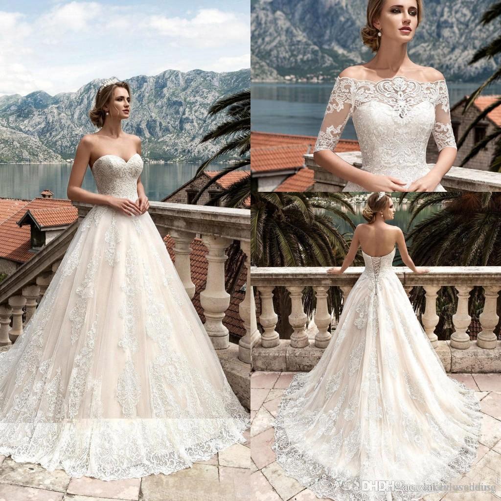 

Country Beach Lace Wedding Dresses 2020 A-Line Sweetheart Court Train Lace Up Back Bridal Gown With Removable Jacket robes de mariée, White