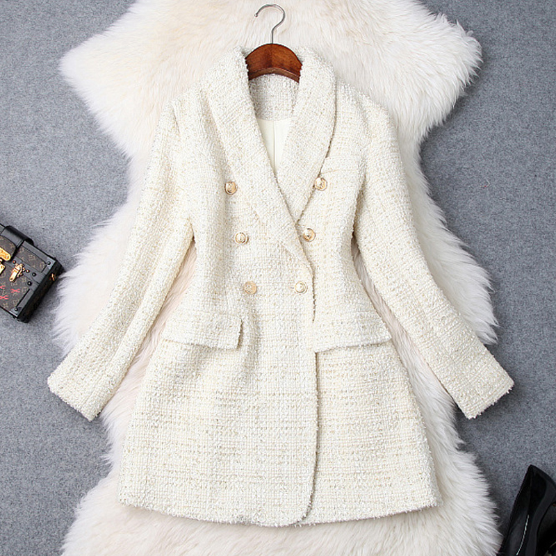 

Runway 2019 Designer Blazer Women' Double Breasted Metal Button Long Sleeve Notched Collar Jacket Wool Blends Tweed Blazer Coat, Beige