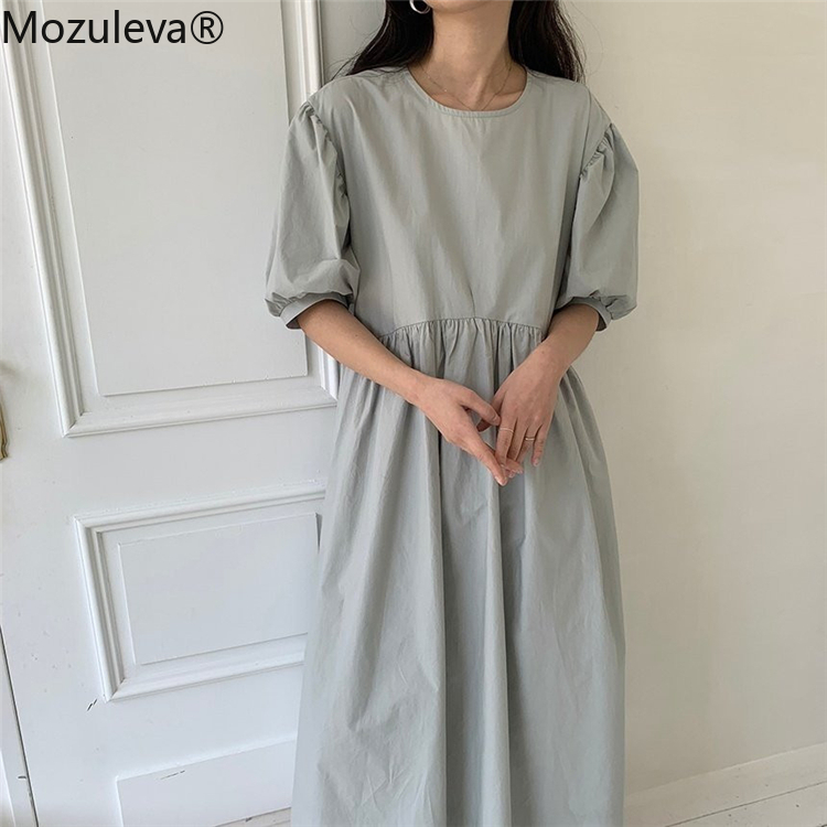

Mozuleva 2020 Women Summer Dresses Solid Multi Colors High Waist Casual Puff Sleeve Pockets Loose Fold Long Dress White Dress