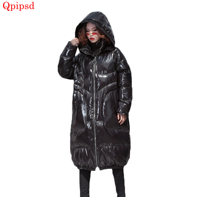 

Large size womens long down jacket coat 2019 winter new glossy hooded cotton-padded parkas female thicken warm down parkas coat, Black