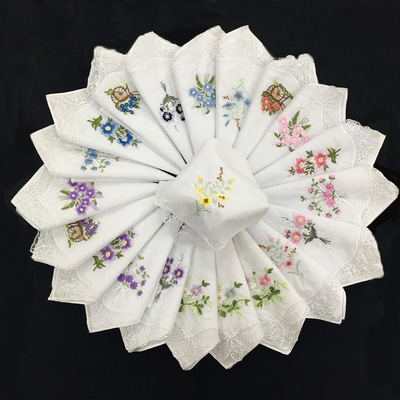 

Women Cotton Handkerchief Flower Embroidered with Lace Ladies Hankies 1222325
