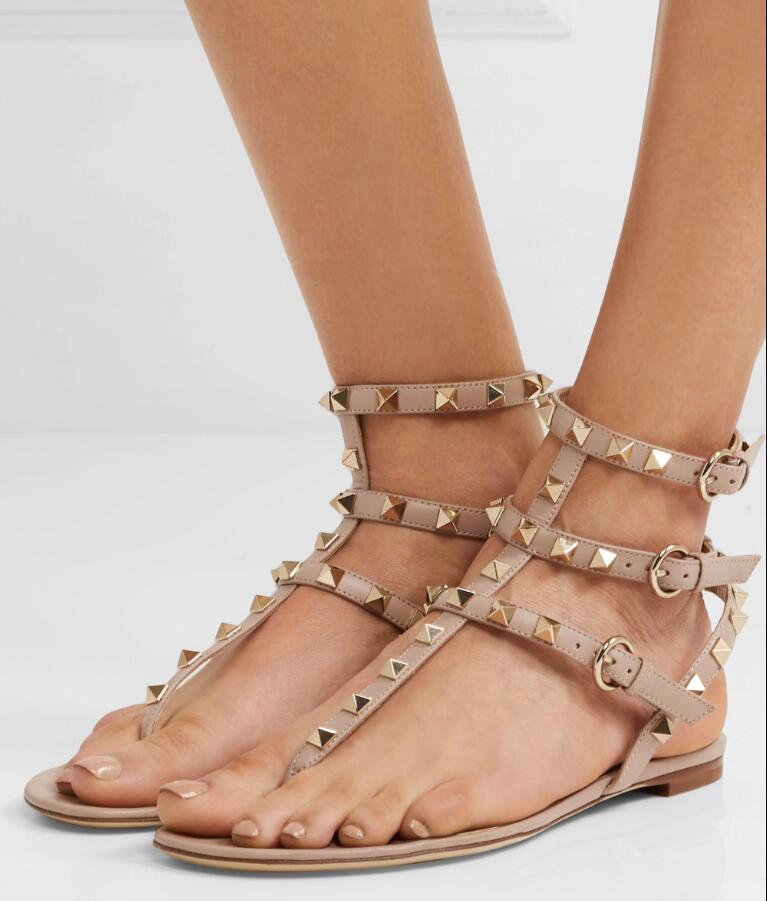 

Summer Luxury Designer Women Rock Stud Ankle Strap Stripes Ladies Sandals Flip Flop Beach Sandals Sandalias Female