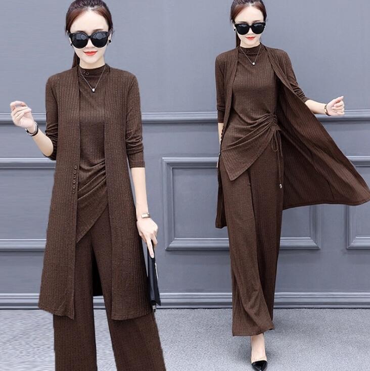 

Knitted 3 Pieces Set Women Tracksuit Long Sleeve Cardigan Pullover Tops Wide Leg Pants Suit Women's Sets Brown Office Elegant, Black
