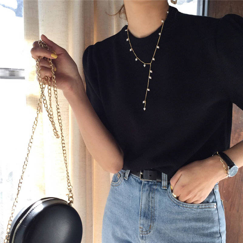

HziriP Black Solid Princess Vintage Short Sleeves Jumpers Chic 2020 Women All Match Retro Slim Pullovers Knitted Gentle Sweaters, Photo color