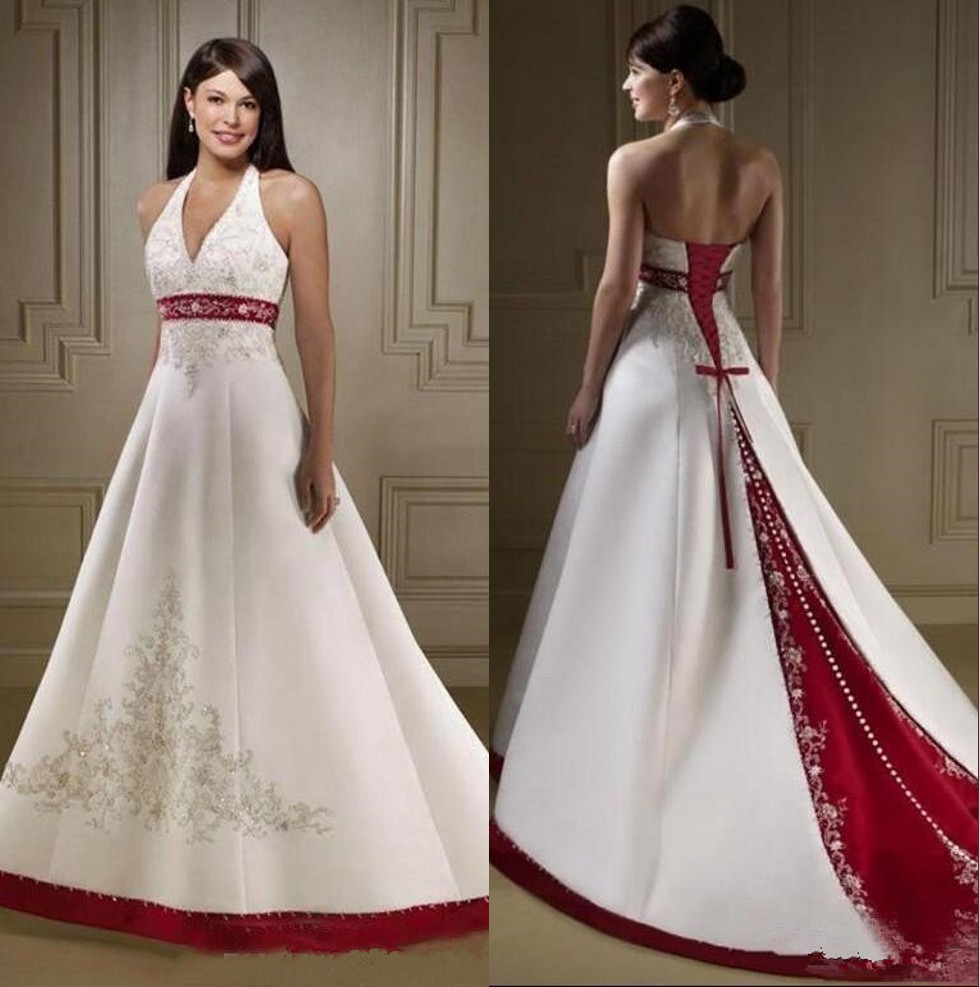 

Vintage White and Burgundy Satin A Line Wedding Dresses Halter Neck Embroidery Beaded Open Back Lace Up Court Train Wedding Bridal Gowns