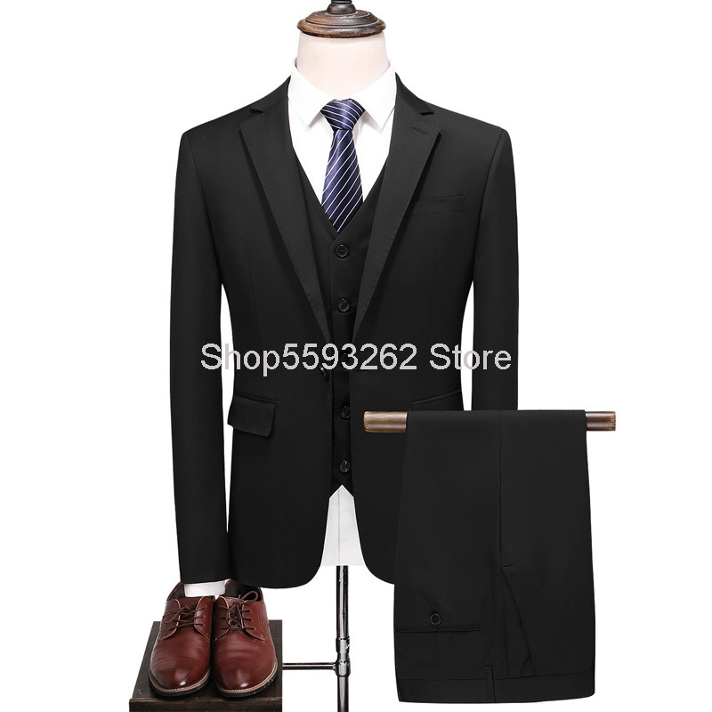 

Solid Color Single Row Buckle Suit Suit Male Leisure Business Wedding Clothing Slim Fit Three-piece Set, Black
