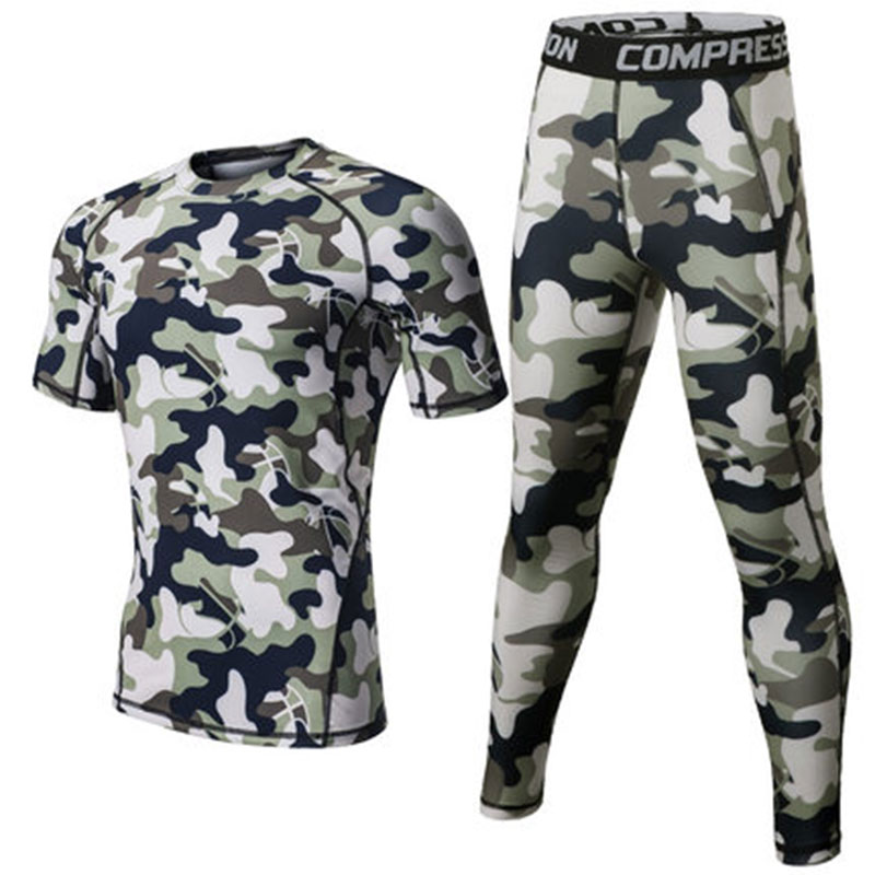 

2019 Men Camouflage Short Sleeve Compression Sets Tight T-Shirt Sportwear Crossfit Skinny Running Suit Fitness Gym Tops Leggings, Apricot