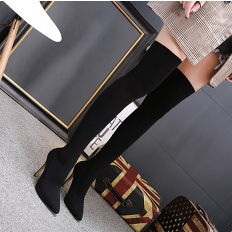 

2020 Tassel Luxury Explosion Style New Stocking Boots High Heel 11CM Over the Knee Point PU Winter Normal Thickness Size 35-42, Black