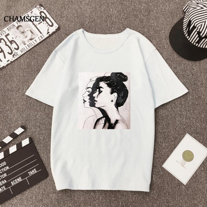 

CHAMSGEND 2020 New Fashion T-shirts Woman Summer Girls Print Short Sleeve O-Neck T-Shirt Loose Women Tops Slim Soft Tshirt F68, White