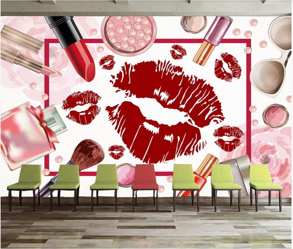 

3d wallpaper custom photo Red Lips Cosmetics Makeup Beauty Nail Shop living room home decor 3d wall murals wallpaper for walls 3 d, Non-woven wallpaper