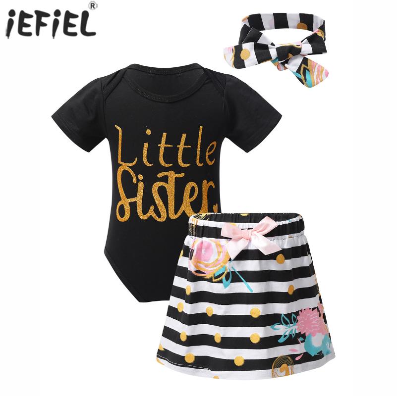 

Infant Baby Girls Clothes Set Letter Print hort Sleeve Romper Polka Dot Striped Skirt Twins Sister Clothes Set with Headband, Black
