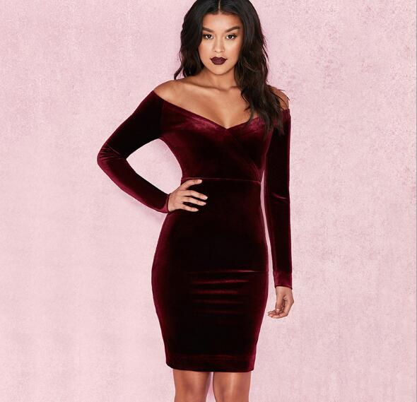 

autumn and winter slash neck full mini off-the-shoulder wine red celebrity sexy pub party bodycon bandage dresses women, Burgundy