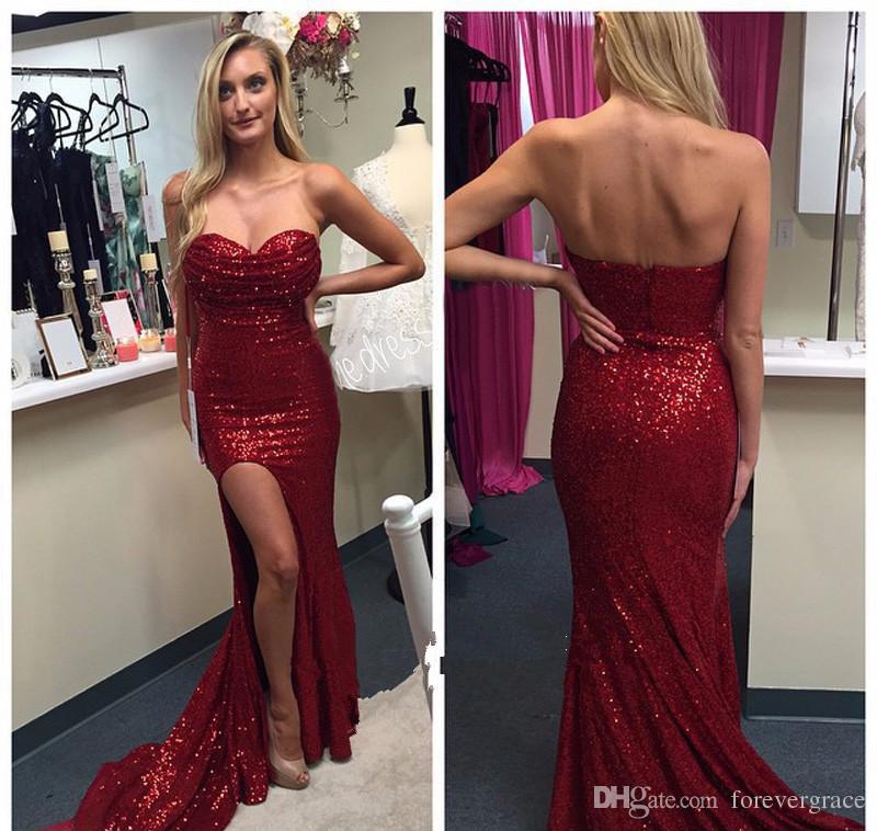 

2019 Long Red Prom Dress Sweetheart Sequined High Side Slit Formal Holidays Wear Graduation Evening Party Gown Custom Made Plus Size, Daffodil
