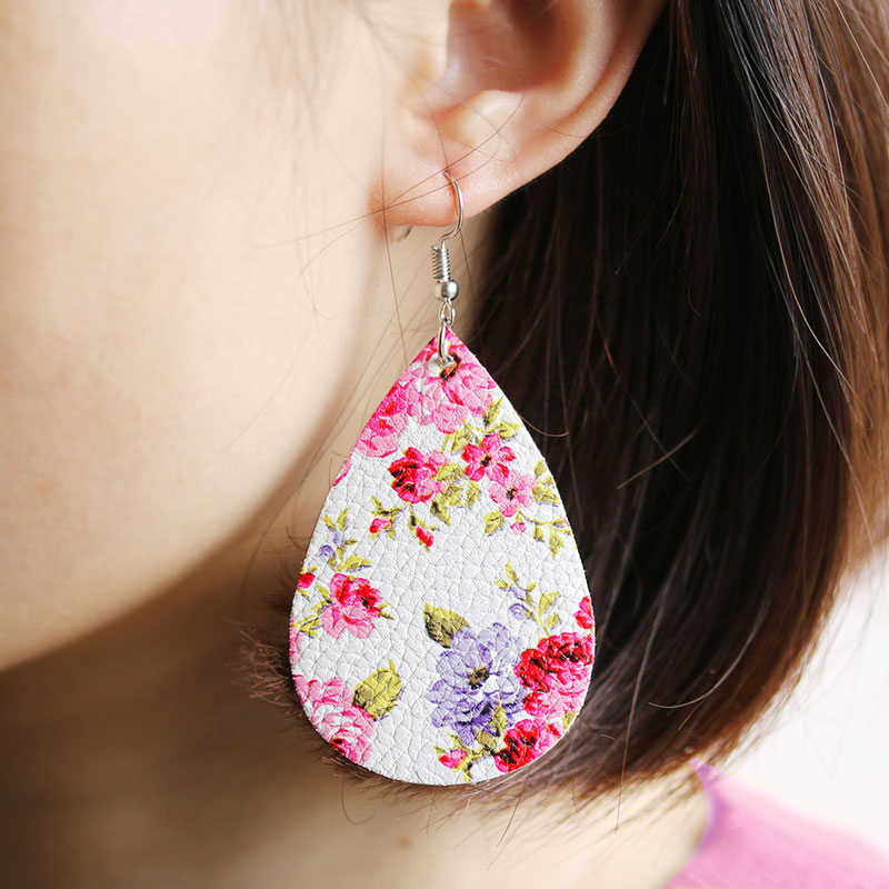 

New PU Leather Earrings Fashion Flower Print Waterdrop Dangle Earrings for Women Girl Jewery Free Shipping