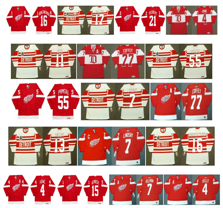 

Vintage Detroit Red Wings Jerseys 77 PAUL COFFEY 11 SHAWN BURR 55 KEITH PRIMEAU 7 Ted Lindsay 13 VYACHESLAV KOZLOV 7 NORM ULLMAN CCM Hockey, As pic